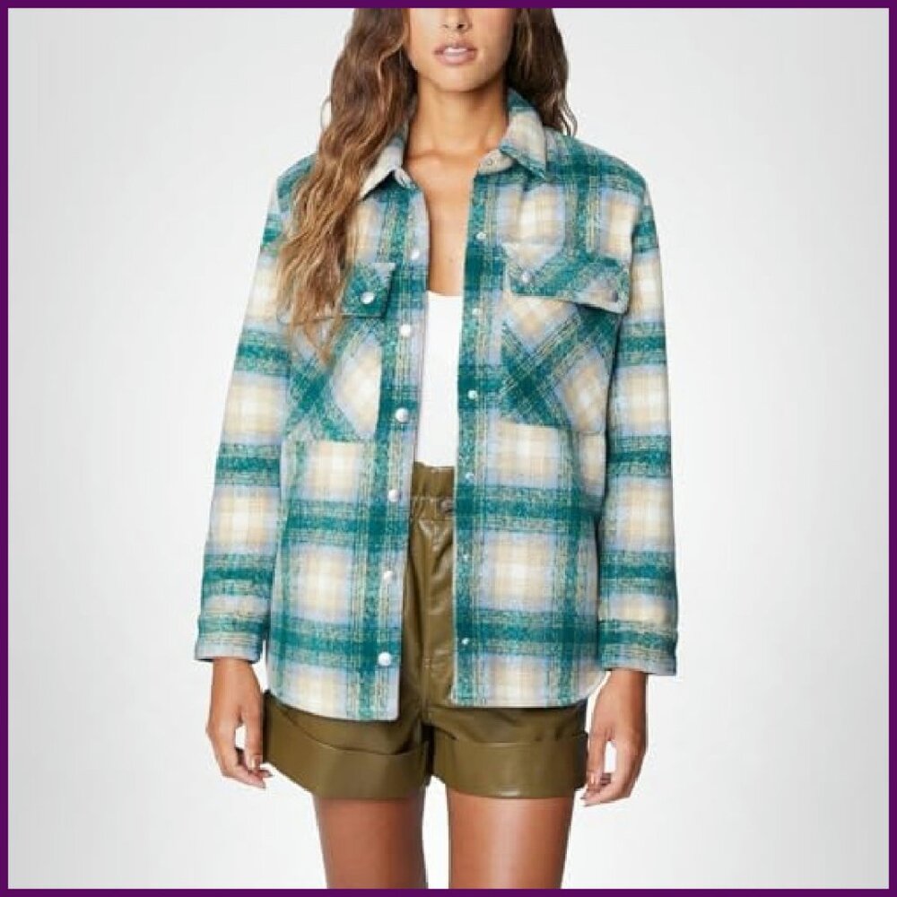 Medium Plaid Shacket Jacket, Polyester Spandex Bl… - image 2